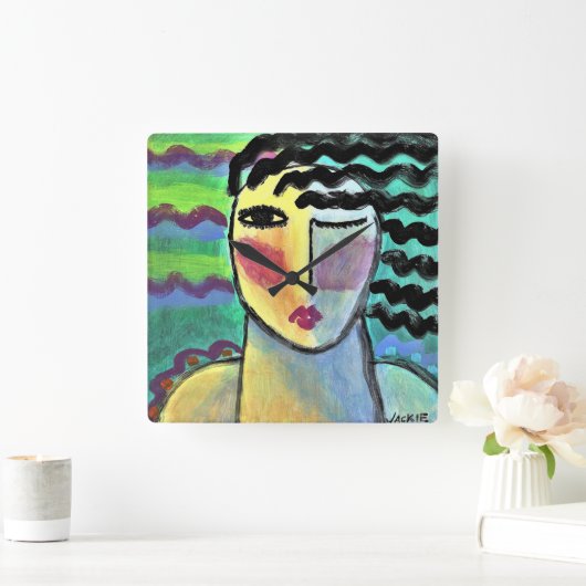 抽象芸術ファンキーポートレートの女性正方形の壁クロ スクエア壁時計 (ホーム)