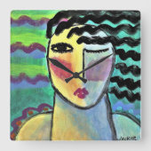 抽象芸術ファンキーポートレートの女性正方形の壁クロ スクエア壁時計 (正面)