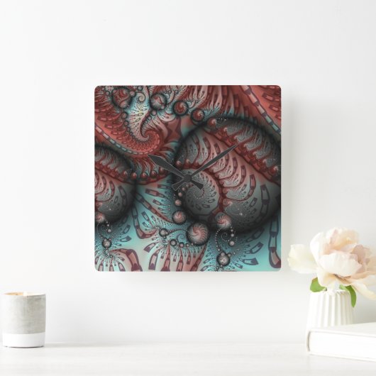 抽象芸術ファンタジーフラクタルアートボールブラウンブルー スクエア壁時計 (ホーム)