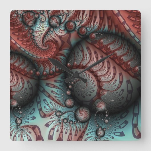 抽象芸術ファンタジーフラクタルアートボールブラウンブルー スクエア壁時計 (正面)