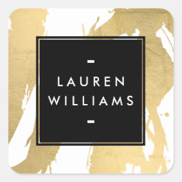 抽象芸術フェイク金ゴールドの白いブラシストローク スクエアシール