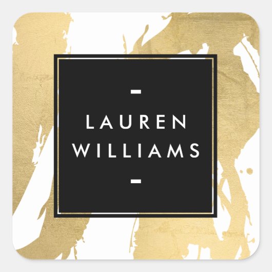 抽象芸術フェイク金ゴールドの白いブラシストローク スクエアシール (正面)