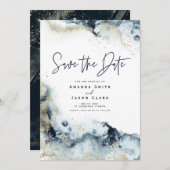 抽象芸術フェイク金ゴールドネイビー水の色Save the Date I 招待状 (正面/裏面)