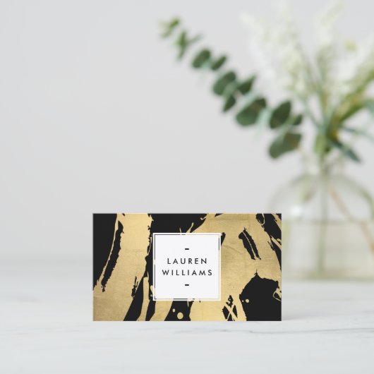 抽象芸術フェイク金箔のブラッシュストローク（黒） 名刺 (スタンド正面)