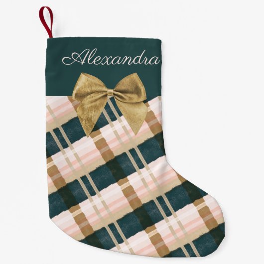 抽象芸術フェスティバルグリーンピンク金ゴールドボウパーソナライズされた スモールクリスマスストッキング