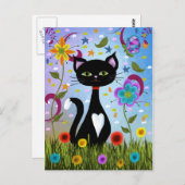 抽象芸術フォーク魅力的アート:白黒猫 ポストカード (正面/裏面)