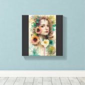 抽象芸術フラワーウーマンポートレート キャンバスプリント (インサイチュ (ウッドフロア))