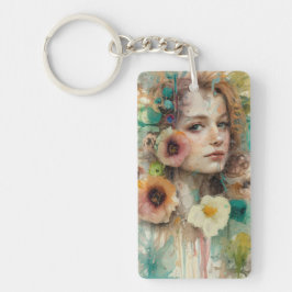 抽象芸術フラワーウーマンポートレート キーホルダー