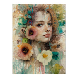 抽象芸術フラワーウーマンポートレート ポスター