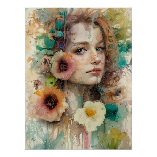 抽象芸術フラワーウーマンポートレート ポスター (正面)