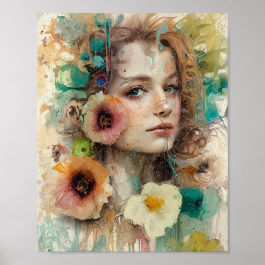 抽象芸術フラワーウーマンポートレート ポスター (正面)