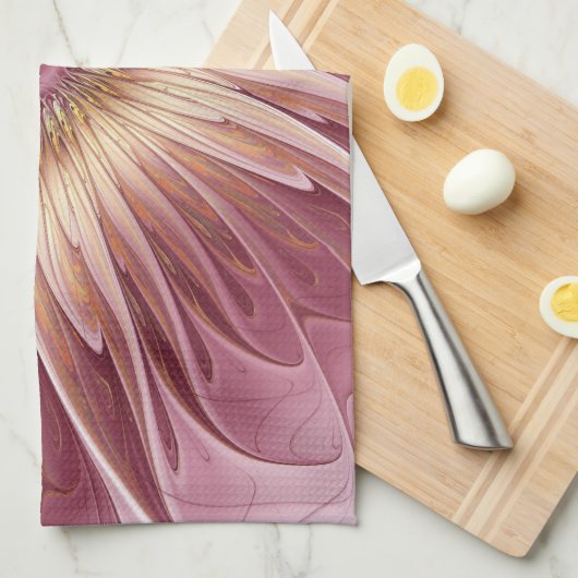 抽象芸術フラワーフラクタルアート&バーガンディの色合い キッチンタオル (四つ折り)