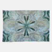 抽象芸術フラワーフラクタルティール(緑がかった色)ホワイトブルーグレー キッチンタオル (横)