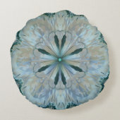 抽象芸術フラワーフラクタルティール(緑がかった色)ホワイトブルーグレー ラウンドクッション (裏面)