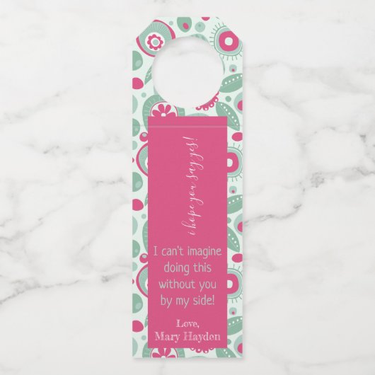 抽象芸術フラワーボトルハングワーズホットピンクミントグリーン ボトルネックタグ (裏面)
