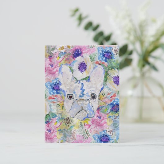 抽象芸術フランスのブルドッグフローラ水色絵を描 ポストカード (スタンド正面)