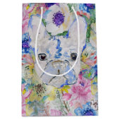 抽象芸術フランスのブルドッグフローラ水色絵を描 ミディアムペーパーバッグ (正面)