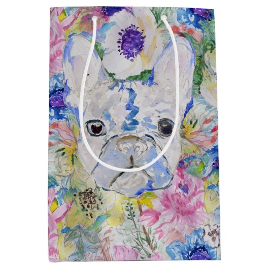 抽象芸術フランスのブルドッグフローラ水色絵を描 ミディアムペーパーバッグ (正面)