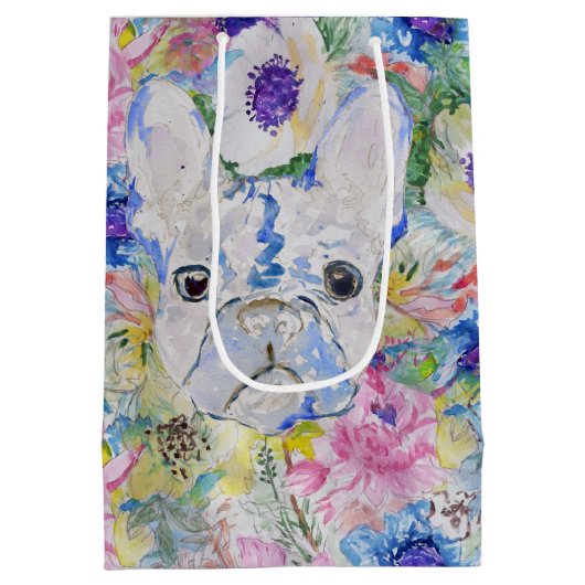 抽象芸術フランスのブルドッグフローラ水色絵を描 ミディアムペーパーバッグ (裏面)