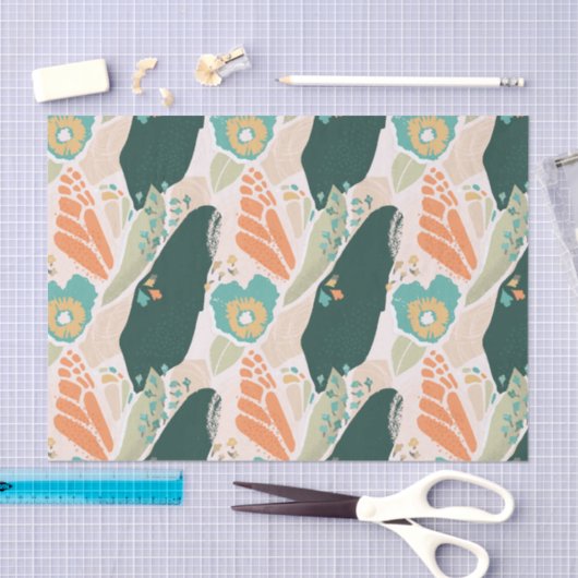 抽象芸術フロかわいらしーラルパターンアクアグリーンオレンジ 薄葉紙 (クラフト)