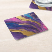 抽象芸術フローアートブルーパープルピンクと金ゴールド- スクエアペーパーコースター (アングル)
