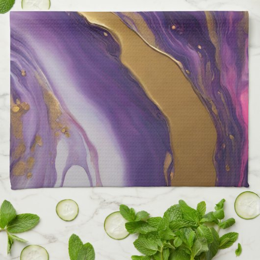 抽象芸術フローアートブルーピンクパープルと金ゴールド- キッチンタオル (折り畳み)