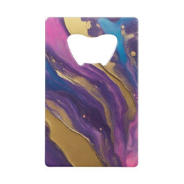 抽象芸術フローアート – ブルーパープルピンクと金ゴールド- クレジットカード栓抜き