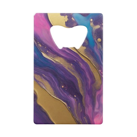 抽象芸術フローアート – ブルーパープルピンクと金ゴールド- クレジットカード栓抜き (正面)