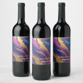 抽象芸術フローアート – ブルーパープルピンクと金ゴールド- ワインラベル (ボトル)