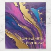 抽象芸術フローアート – ブルーパープルピンクと金ゴールド- ワインラベル (シングルラベル)