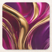 抽象芸術フローアート – 明るい赤紫色紫と金ゴールド- スクエアペーパーコースター (正面)