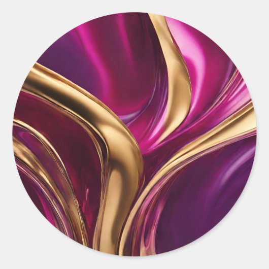 抽象芸術フローアート – 明るい赤紫色紫と金ゴールド- ラウンドシール (正面)
