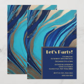 抽象芸術フローアート – 青と金ゴールド 招待状 (正面/裏面)
