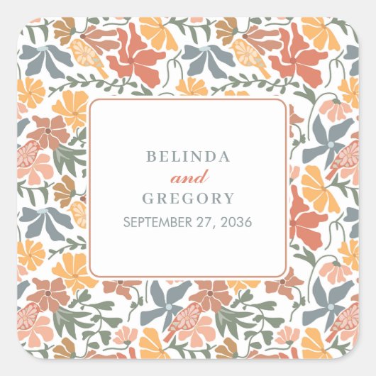 抽象芸術フローラと鳥の中世紀半モダンば結婚 スクエアシール (正面)