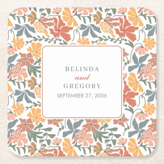 抽象芸術フローラと鳥の中世紀半モダンば結婚 スクエアペーパーコースター (正面)