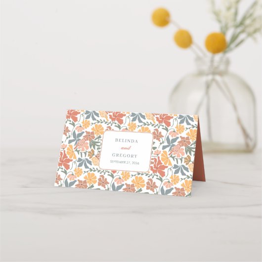 抽象芸術フローラと鳥の中世紀半モダンば結婚 プレイスカード (裏面)