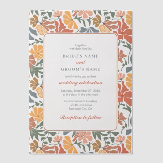 抽象芸術フローラと鳥の中世紀半モダンば結婚 ベラム紙招待状 (正面)