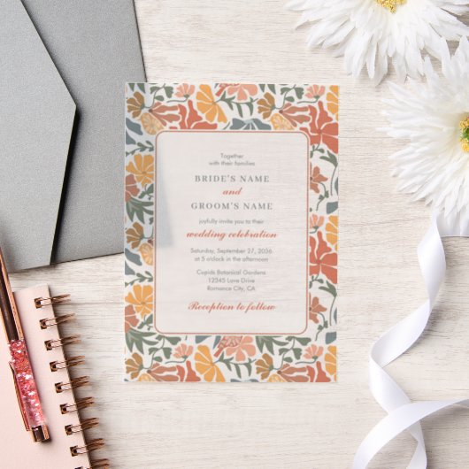 抽象芸術フローラと鳥の中世紀半モダンば結婚 ベラム紙招待状 (ウェディング)