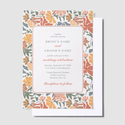 抽象芸術フローラと鳥の中世紀半モダンば結婚 ベラム紙招待状 (オフセット)