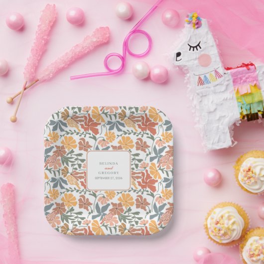 抽象芸術フローラと鳥の中世紀半モダンば結婚 ペーパープレート (パーティー)