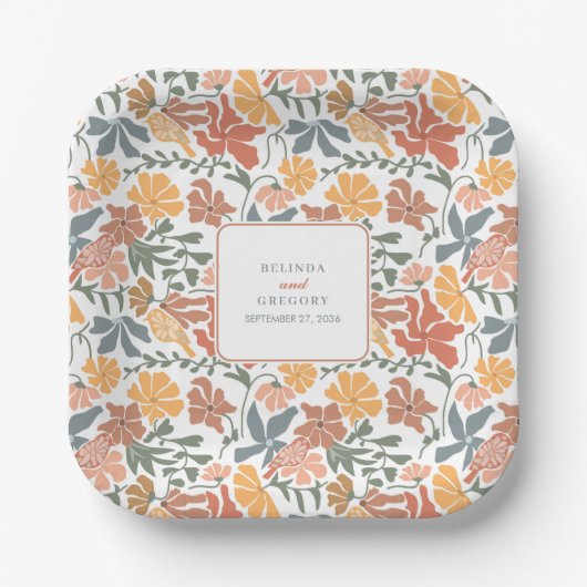 抽象芸術フローラと鳥の中世紀半モダンば結婚 ペーパープレート (正面)