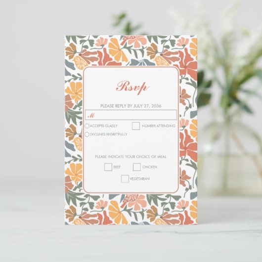 抽象芸術フローラと鳥の中世紀半モダンば結婚 出欠カード (スタンド正面)