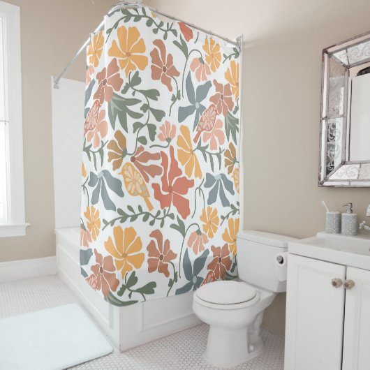 抽象芸術フローラと鳥ミッドセンチュリーパタモダンーン シャワーカーテン (インサイチュ)