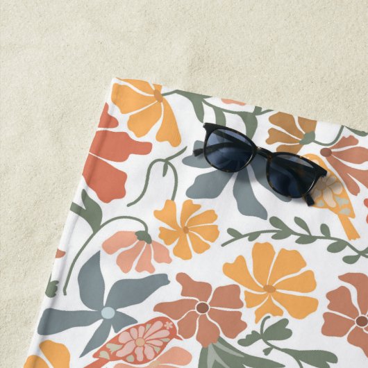 抽象芸術フローラと鳥ミッドセンチュリーパタモダンーン ビーチタオル (インサイチュ)