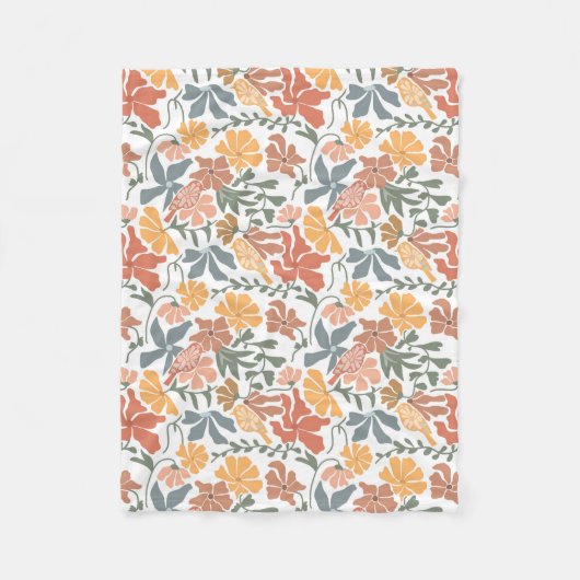 抽象芸術フローラと鳥ミッドセンチュリーパタモダンーン フリースブランケット (正面)