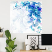 抽象芸術フローラの背景(青と白) ポスター (ホームオフィス)