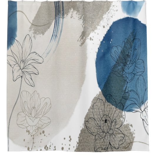 抽象芸術フローラの青とトープ シャワーカーテン (正面)