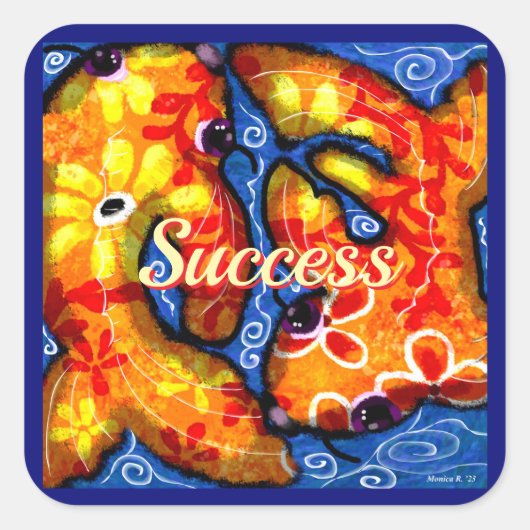 抽象芸術フローラコイフィッシュオレンジイエローレッドブルー スクエアシール (正面)