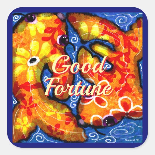 抽象芸術フローラコイフィッシュオレンジイエローレッドブルー スクエアシール (正面)