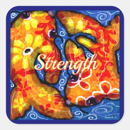 抽象芸術フローラコイフィッシュオレンジイエローレッドブルー スクエアシール (正面)